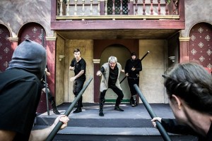 Actors in Island Stage Left during a fight scene in their upcoming production Cymbeline