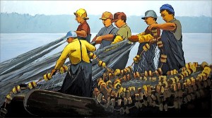 One of 14 scenes that portray a 100-year history of commercial fishing in the San Juan Islands. The scenes will be placed on the side of the Ace Hardware building.