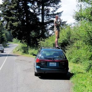 Up on the roof in search of reception on San Juan Island's Beaverton Valley Road.