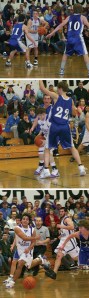 Top photo: Friday Harbor senior Mike Ausilio looks for an opening Friday at home vs. Mount Vernon Christian. Ausilio scored 13 points in the final home game of his prep career. Middle photo: Friday Harbor's Tyler Pruitt pulls down a rebound and looks to score. Bottom photo: Roy Taylor leads a fast break.