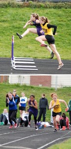 Top photo: Friday Harbor’s Kia Johns takes the lead against a Lopez runner en route to a first-place finish in the 100m hurdles