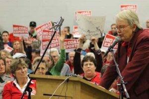 Former county commissioner Rhea Miller warns against environmental hazards posed by the coal export facility at Cherry Point at an EIS scoping meeting in Friday Harbor in early November.