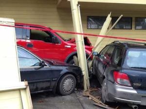 Injuries were minor but damage extensive after a Mount Vernon man crashed his pickup into the rear parking lot of Cannery Landing