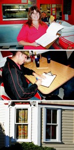 Top photo: Lisa Brown of the Hungry Clam displays a petition opposing the location of a Subway restaurant in Friday Harbor. Middle photo: A customer signs the petition. Bottom photo: Hand-painted Burger King and Taco Time signs in the window of a possible Subway site on Spring Street.