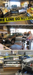 An SUV jumped the curb and crashed into Lopez Village Market on Weeks Road Nov. 2 during the noon lunch hour. The vehicle ended up entirely in the deli portion of the store. One man was seen being taken from the scene on a gurney; the extent of his injuries were not known.