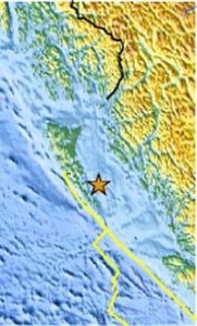 Orange star marks the location of a 7.7-magnitude earthquake that struck near the Queen Charlotte Islands