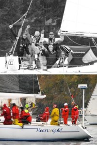 Top photo: The crew of Tir Na Nog celebrates their victory of sorts in the 40th annual Shaw Island Classic. Tir Na Nog was the sole finisher in a race marred by rain