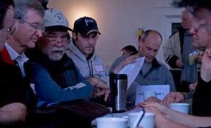 Republican of Friday Harbor voting precinct No. 1 discuss and debate merits of presidential candidates