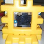 Sensor kit components assembled using a children&rsquo;s building toy pieces and velcro.