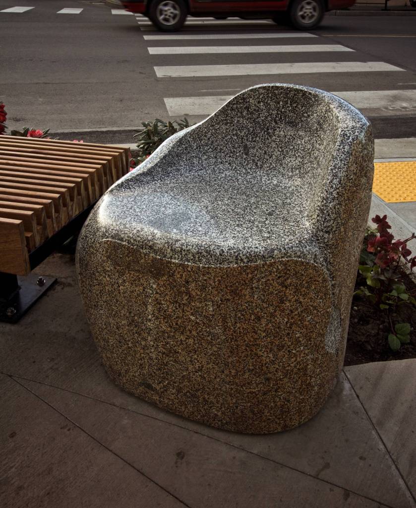 Staff photo/Greg Sellentin                                The Friday Harbor Arts Commission selected Tom Small of San Juan Island to sculpt the park&rsquo;s carved stone table and a granite chair and bench.