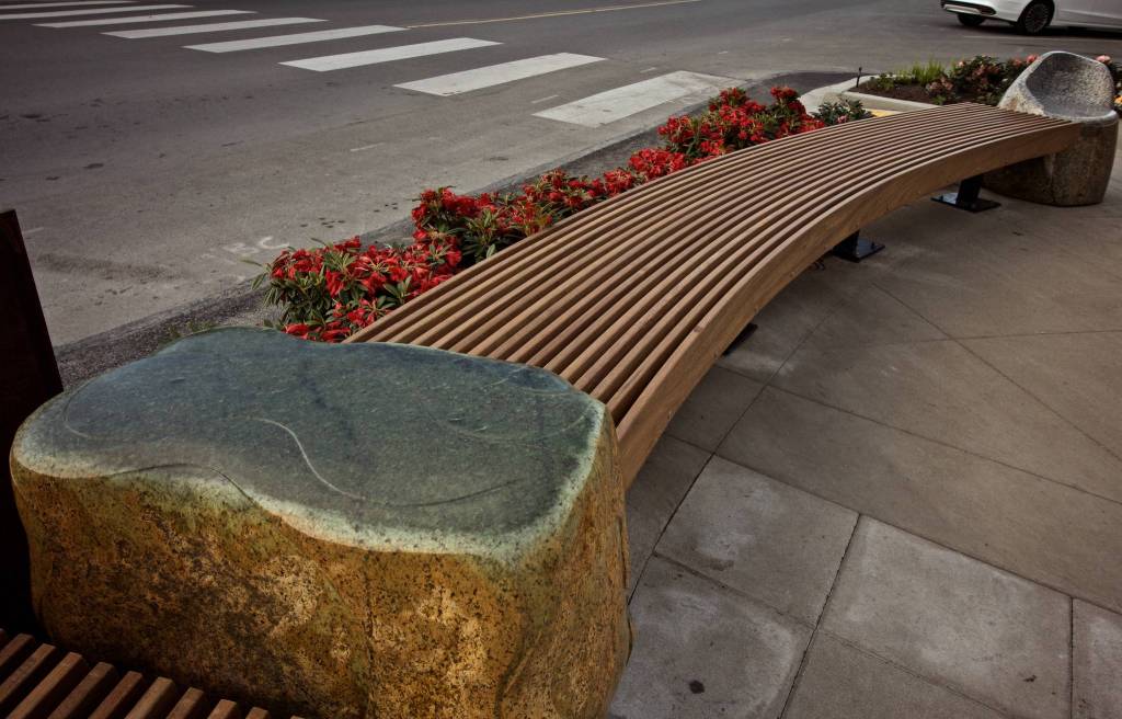 Staff photo/Greg Sellentin                                The Friday Harbor Arts Commission selected Tom Small of San Juan Island to sculpt the park&rsquo;s carved stone table and a granite chair and bench.