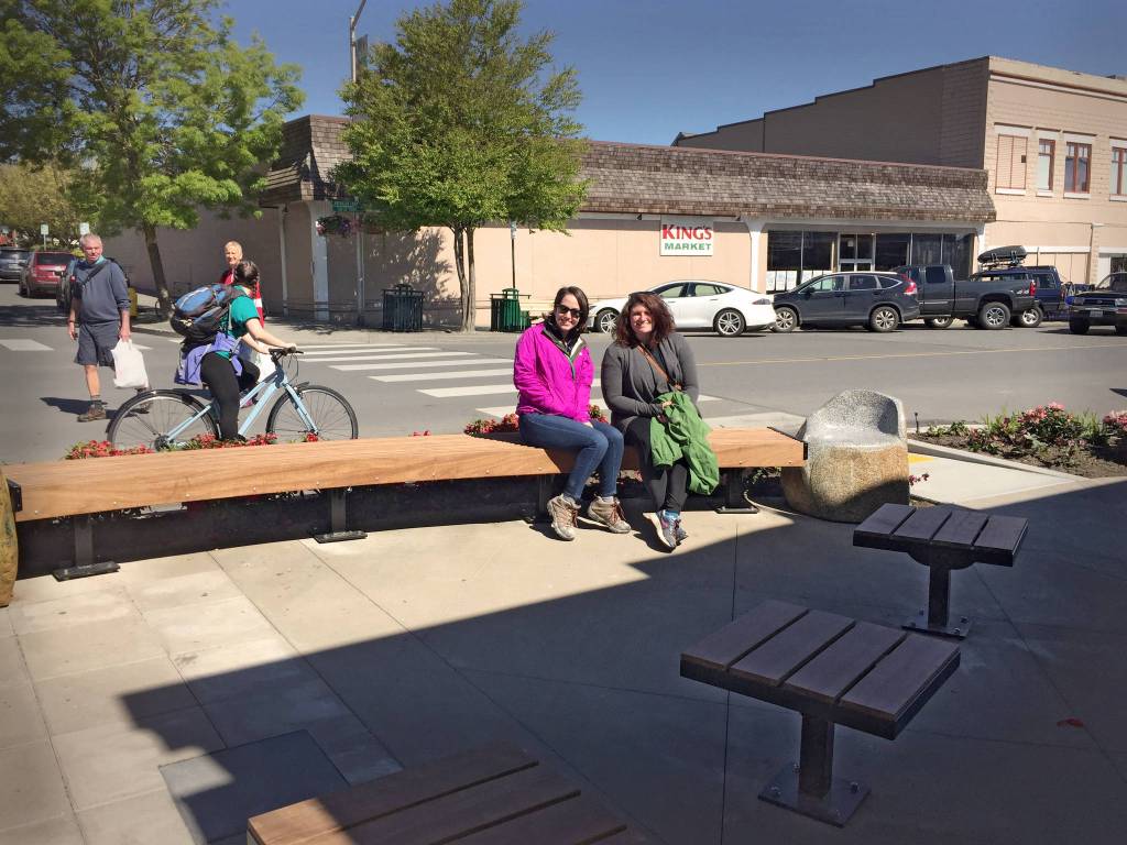 Staff photo/Greg Sellentin                                Laura Roberts of Colorado and Bonnie Roberts of Renton chatted in the park on May 7, when visiting Friday Harbor.