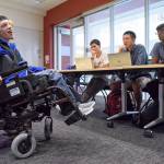 Contributed photo/Linda A. Cicero of Stanford News                                Zach Crighton visited John Moalli&rsquo;s Stanford engineering class in April. Students brainstormed on how to improve his wheelchair headrest.