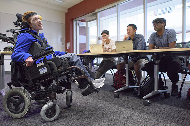 Contributed photo/Linda A. Cicero of Stanford News                                Zach Crighton visited John Moalli&rsquo;s Stanford engineering class in April. Students brainstormed on how to improve his wheelchair headrest.