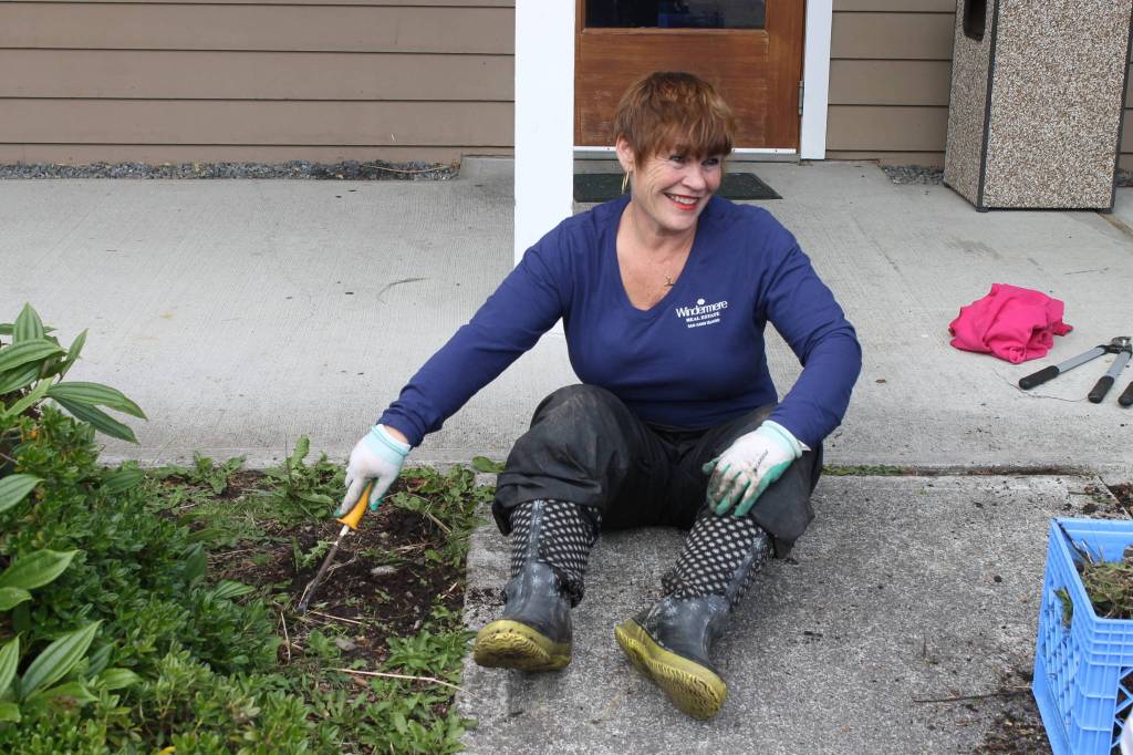 Staff photo. Debbie Dardanilli pulling weeds at the Senior Center.