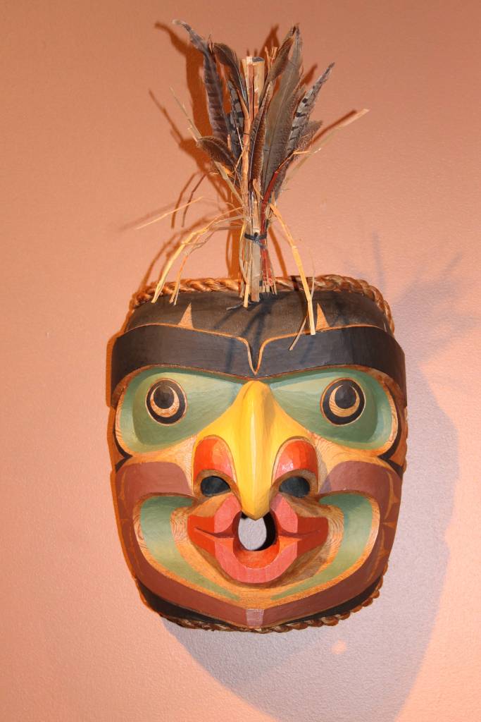 Staff photo/ Heather Spaulding                                 &ldquo;Grouse Mask&rdquo; by Kwakuitl artist Calvin Hunt.