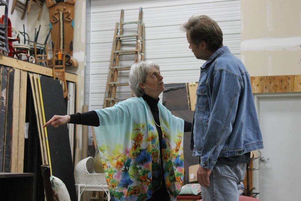 Staff photo/ Heather Spaulding. Brad Fincher and Deb Langhans rehearse as Chris and Alexandra in &ldquo;Velocity of Autumn.&rdquo;