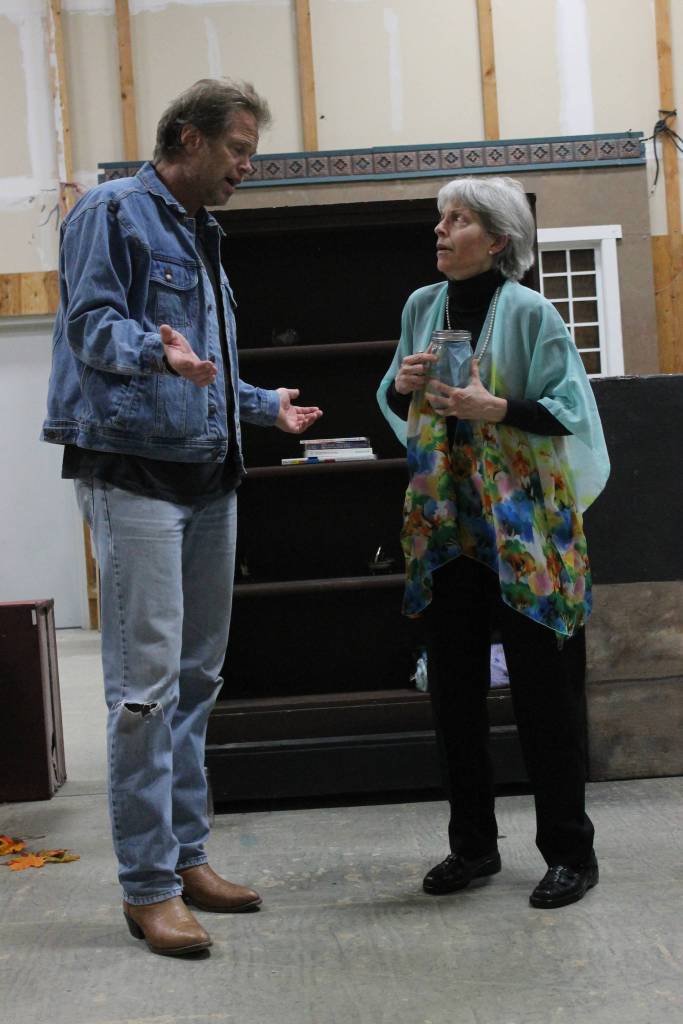 Staff photo/ Heather Spaulding. Brad Fincher and Deb Langhans rehearse as Chris and Alexandra in &ldquo;Velocity of Autumn.&rdquo;