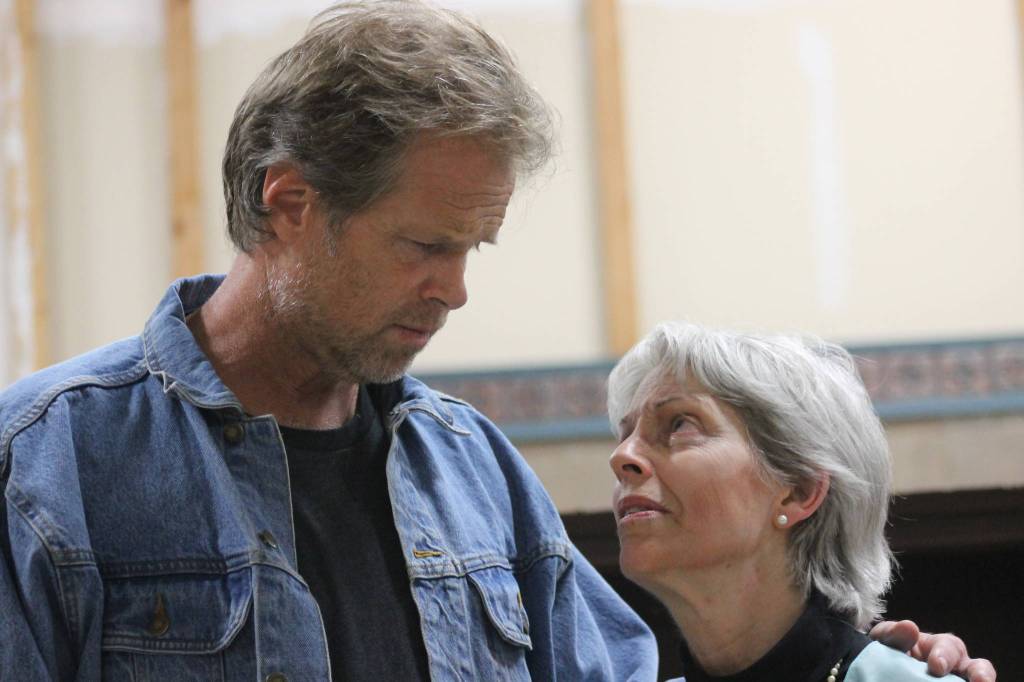 Staff photo/ Heather Spaulding. Brad Fincher and Deb Langhans rehearse as Chris and Alexandra in &ldquo;Velocity of Autumn.&rdquo;