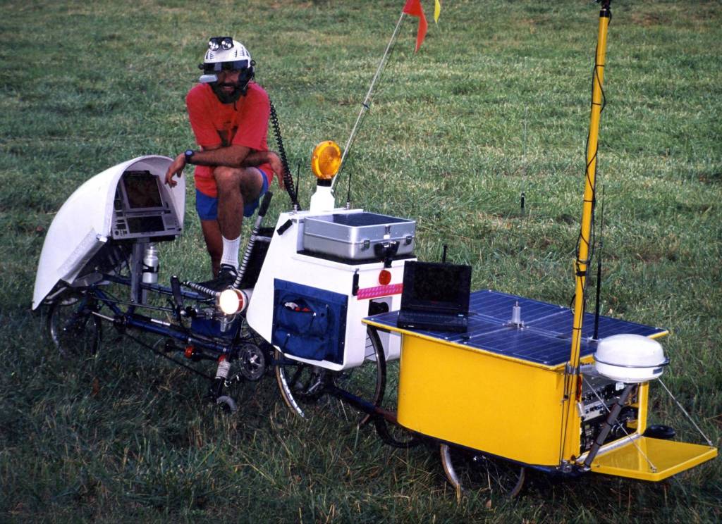 Contributed photo/Bob Ponzoni                                Steven Roberts poses with the third version of his computerized bike in North Carolina around 1992.