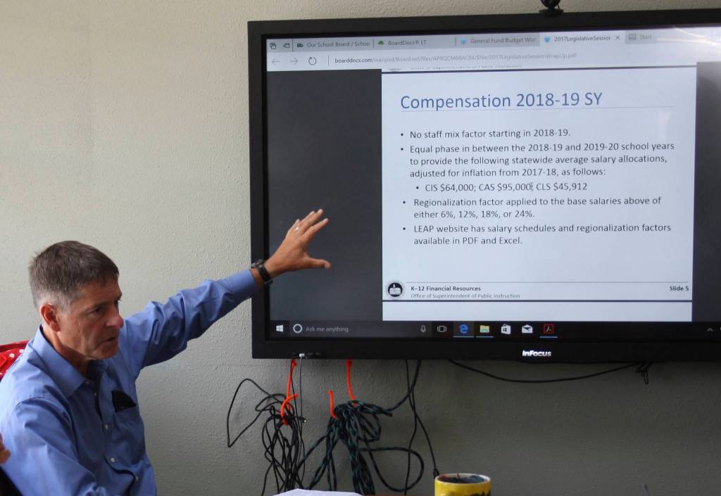 Staff photo/Hayley Day                                San Juan Island School District Board member Brent Snow discusses the budget at a meeting on July 14.