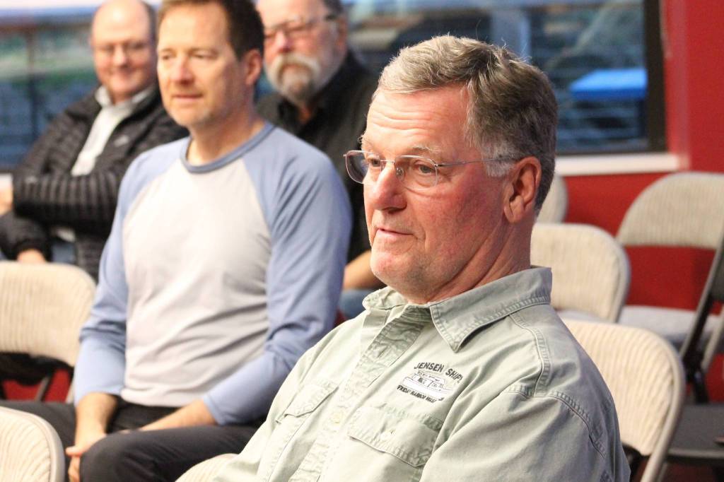 Staff photo/Hayley Day                                Mike Ahrenius during his recognition at the Port of Friday Harbor Commissions Nov. 29 meeting.