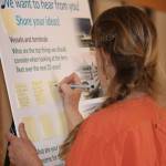 Staff photo/Hayley Day                                A woman writes a suggestion for Washing State Ferries long-range plan at an open house in Friday Harbor.