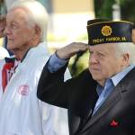 Staff photo/Hayley Day                                Veterans salute during the Memorial Day ceremonies on May 28.