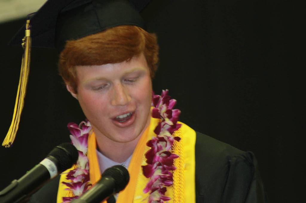 Staff photo/Heather Spaulding. Valedictorian Zachariah Fincher addresses the crowd.
