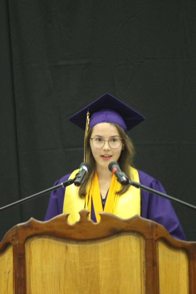 Staff photo/Heather Spaulding. Saluditorian Laurel Robertson addresses the crowd.