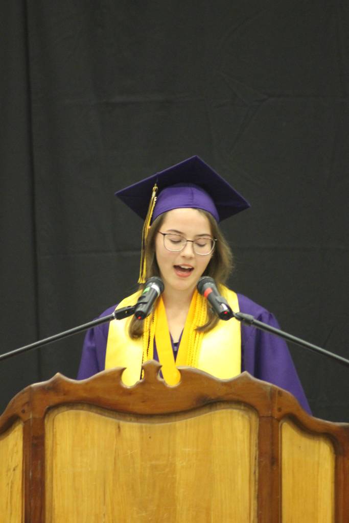 Staff photo/Heather Spaulding. Saluditorian Laurel Robertson addresses the crowd.
