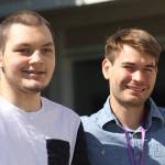Staff photo/Hayley Day                                Student Quincy Vague and speaker Adrian Rodriguez meet outside the Friday Harbor High School.