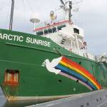 Staff photo/Heather Spaulding                                Greenpeace ship Arctic Sunrise stops at the Port of Friday Harbor while campaigning against the Canadian Trans Mountain Pipeline.