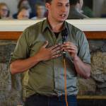 Staff photo/Tate Thomson                                Collin Richard Carlson, a Democrat from Marysville, speaks at the July 12 forum.