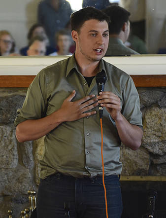Staff photo/Tate Thomson                                Collin Richard Carlson, a Democrat from Marysville, speaks at the July 12 forum.