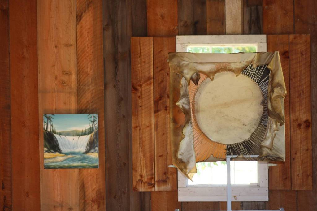 Staff photo/Hayley Day                                Artwork by Dan Attoe (left), who lives in Oregon, and Brian Jungen, of the Dane-zaa First Nation (right), at English Camp.