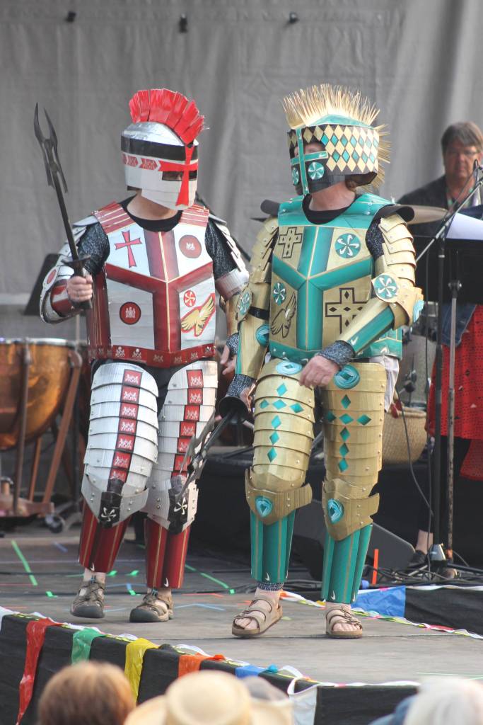 Staff photo/Heather Spaulding Models show off knight outfits created from cigaret cartons.