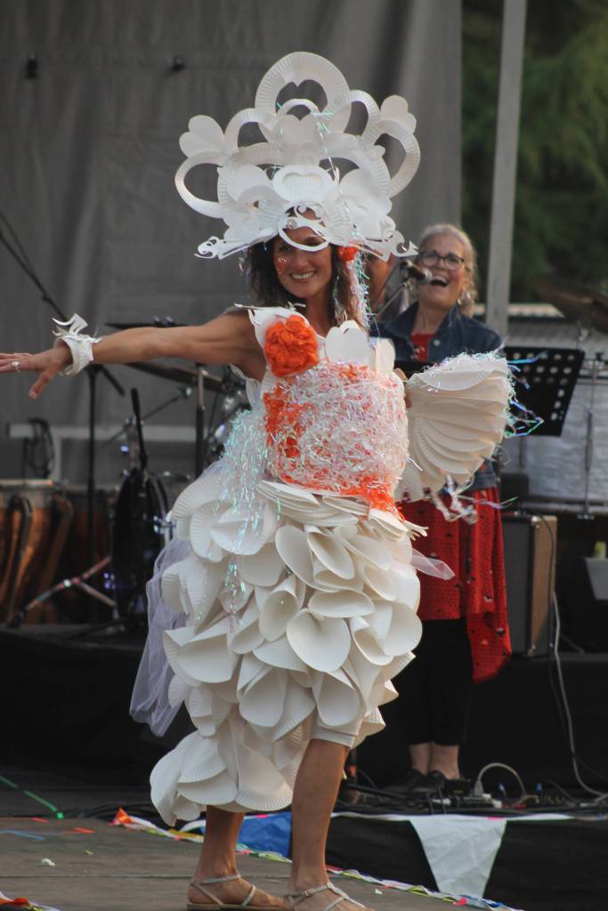 Staff photo/Heather Spaulding Model shows off dress and tiar created from paper plates.