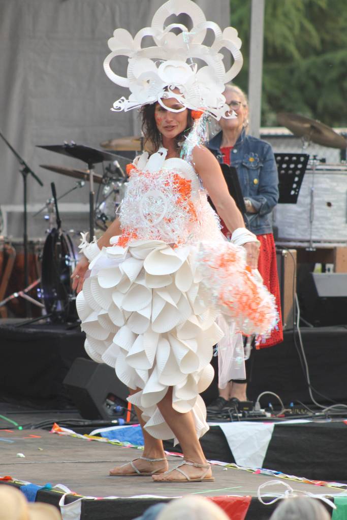 Staff photo/Heather Spaulding Model shows off dress and tiar created from paper plates.