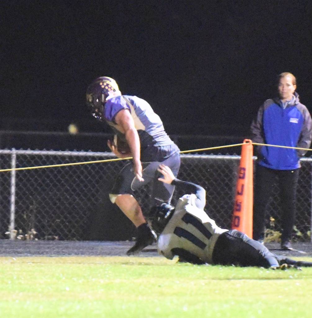 Contributed photo/John Stimpson                                Emeron Geiser, No. 41, scores the only touchdown giving the Wolverines the win over the Vikings.