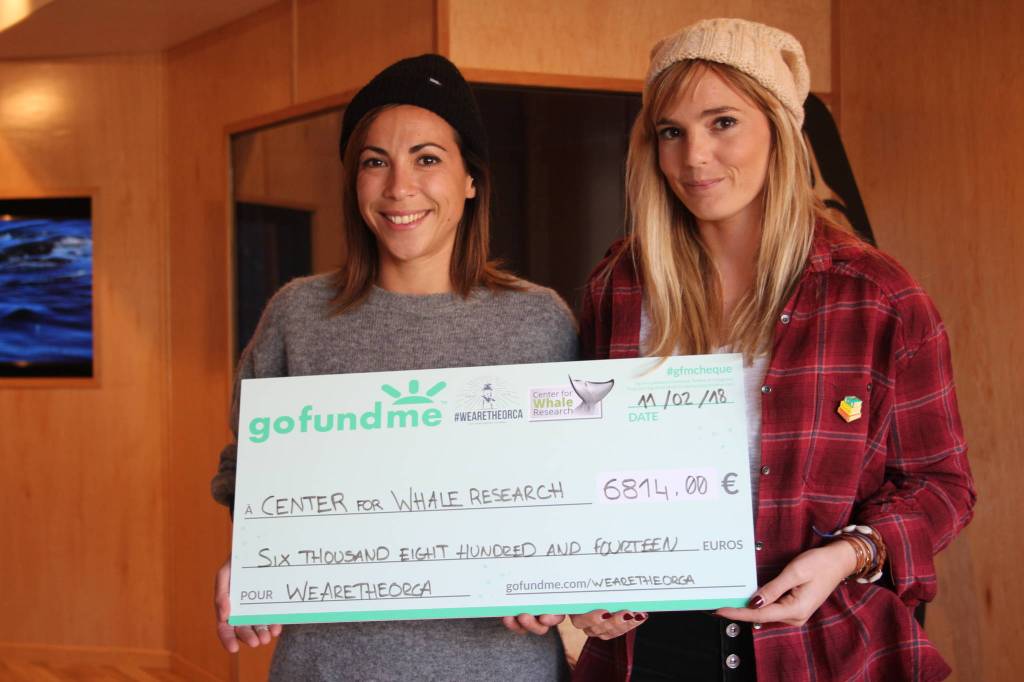 Staff photo/Heather Spaulding                                Staff photo/Heather Spaulding. Morgane Trussardi and Lea Camilleri with check to the Center for Whale Research.