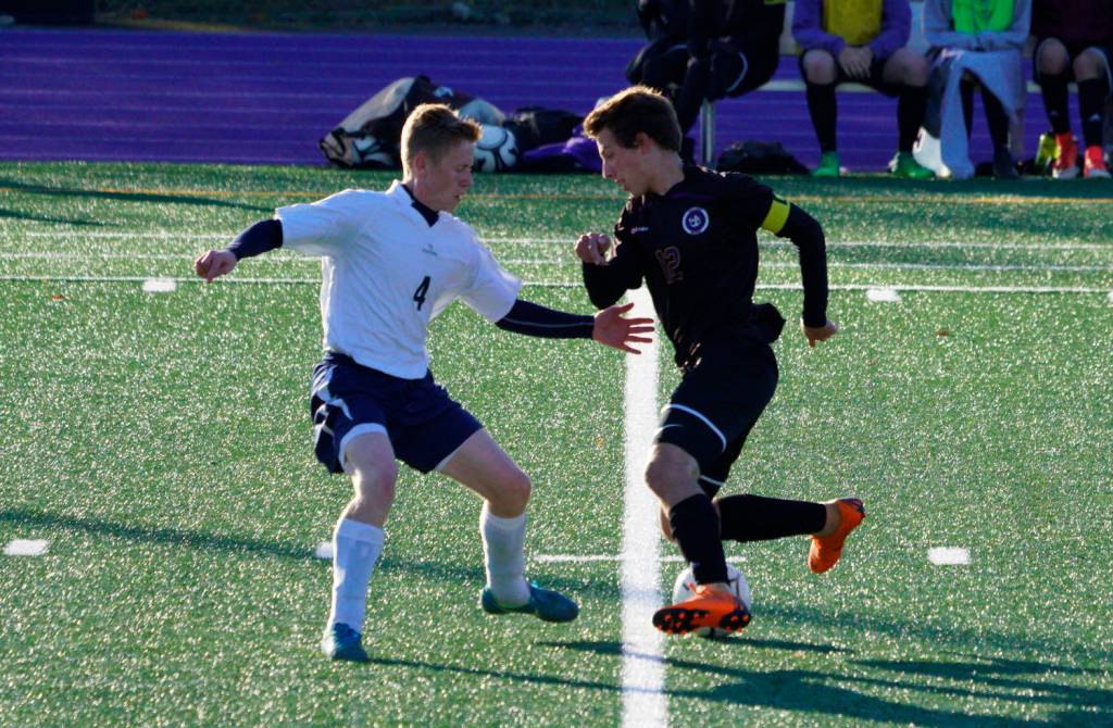 Contributed photo/Claudia Mills                                Boys soccer playoff game with Puget Sound Adventist Academy.