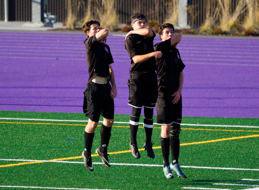 Contributed photo/Claudia Mills                                Boys soccer playoff game with Puget Sound Adventist Academy.