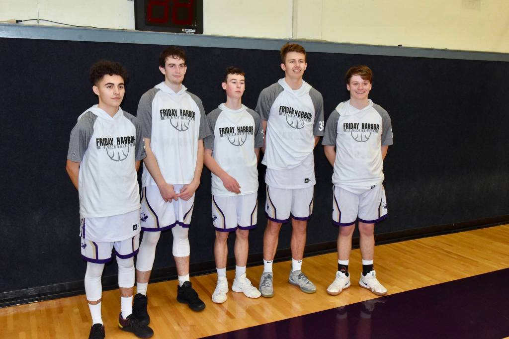 John Stimpson photo / These five Senior Wolverines will travel to Sedro Wolley Saturday Feb !6th for more 2B Bi_District action. L-R: Miles Williamson, Kyle Mapstead, Lucas Chevalier, Marshall Clark, and Chase Wilson.