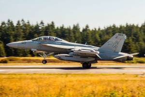 An EA-18G Growler pilot practices aircraft carrier landings at Outlying Field near Coupeville on Whidbey Island. (U.S. Navy)                                An EA-18G Growler pilot practices aircraft carrier landings at Outlying Field near Coupeville on Whidbey Island. / U.S. Navy photo