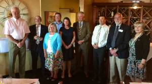 Contributed photo. Officers and Committee Chairs, left to right: outgoing president, Paul Mayer; president Tom Sibert 2019-20; treasurer: Holly Henry; secretary: Jonathan Cain; president-elect: Michel Vedvek 2020-21; Chairs: Mike Griffin, International; Adam Eltinge: Youth Services; Pete Rose: Foundation; Barb Fagan: Literacy (not in photo: Public Relations: Carla Wright; Community Service: Bob Jarman)