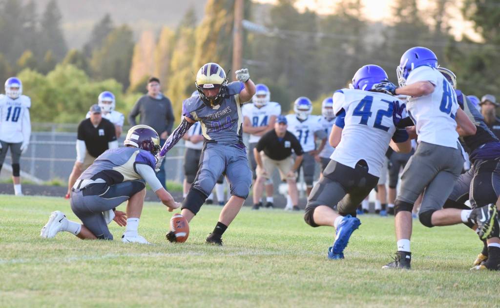 Milo Geiser, number 84, successfully kicks a field goal giving the Wolverines three points. <em>(John Stimpson/contributed photo)</em>