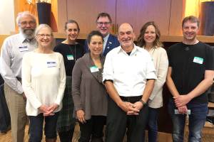 Left to right: Jim and Sue Corenman, Sports Car Club; Jennifer Armstrong, Joyce L Sobel Family Resource Center; Mariluz Villa, Hospice of San Juan; District Governor Brad Whittaker; Rotary President Tom Sibert; and Theresa Tilton and Brian Moore, Family Umbrella Group. (Contributed photo)