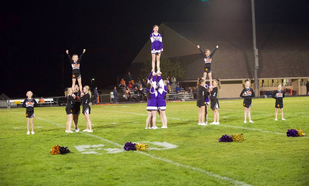 Wolverine Cheer Squad and the Friday Harbor Tigers Cheer Squad put on a mini halftime show. (John Stimpson/contributed photo)