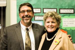 Fred Woods and Kari McVeigh at the January 2020 San Juan Island School Board meeting. (Heather Spaulding/staff photo)